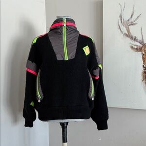 Vintage Black 100% Pure Virgin Wool  Pullover Jacket with Neon Trim